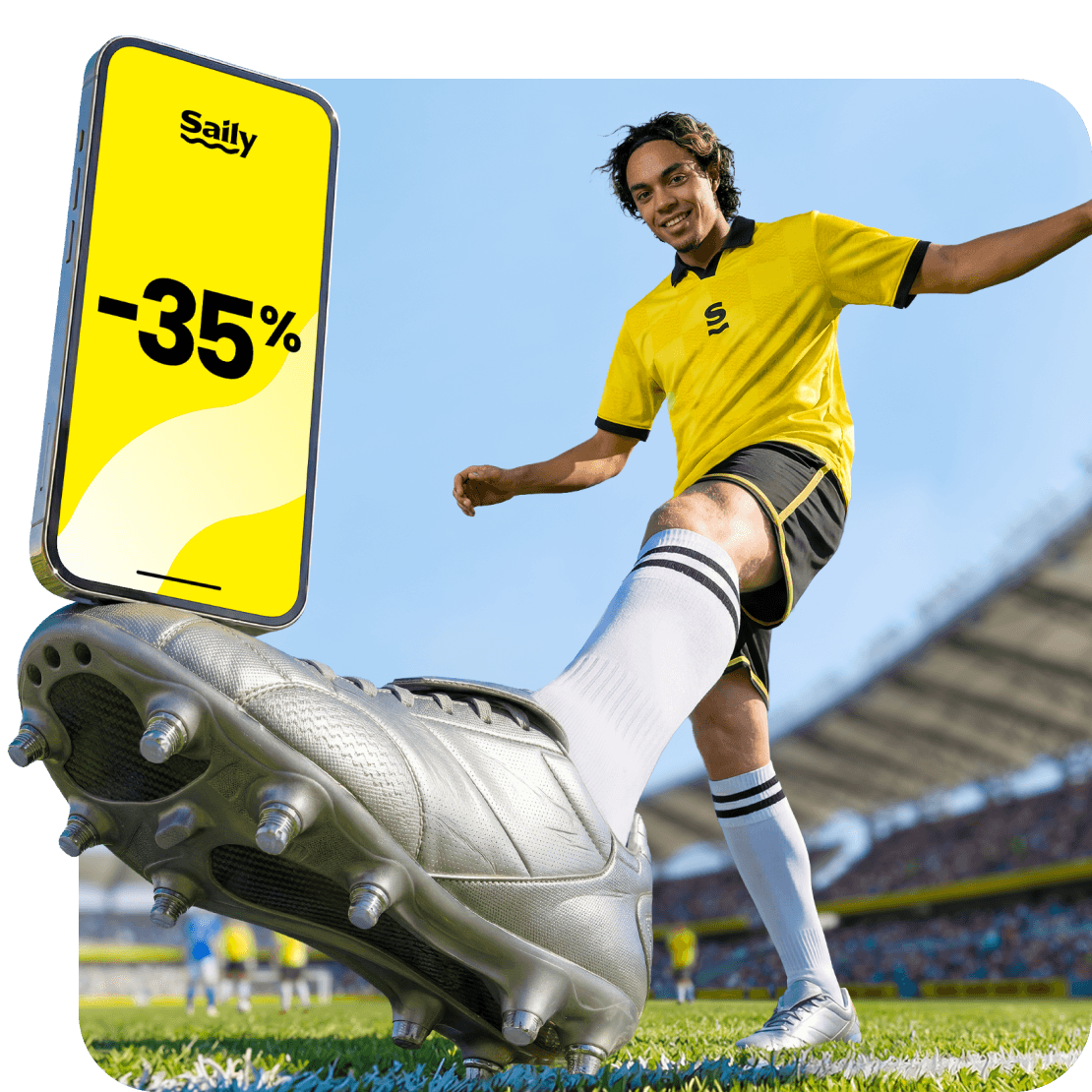 En fotbollsspelare balanserar en smartphone på foten och visar upp ett Saily eSIM-erbjudande för att fira fotbolls-VM.