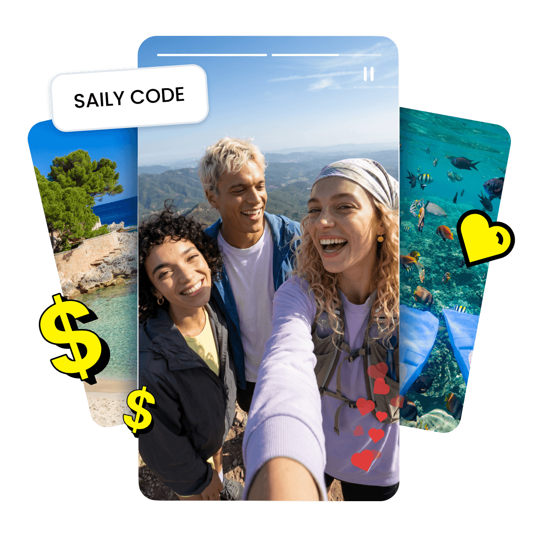 A phone shows the Saily eSIM app and its supported destinations, while a plane travels the blue skies in the background.