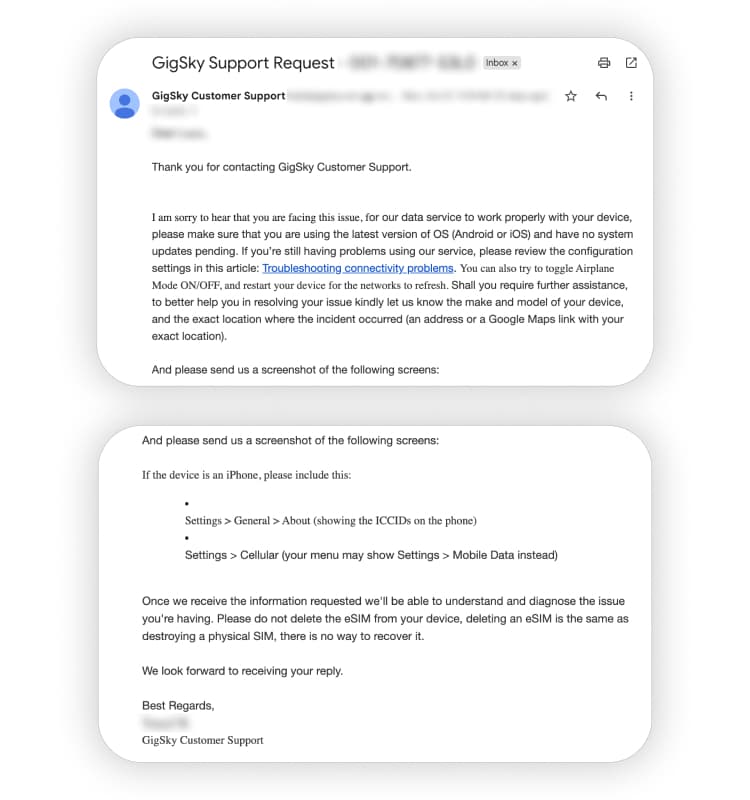 A response from GigSky’s customer support via email. 