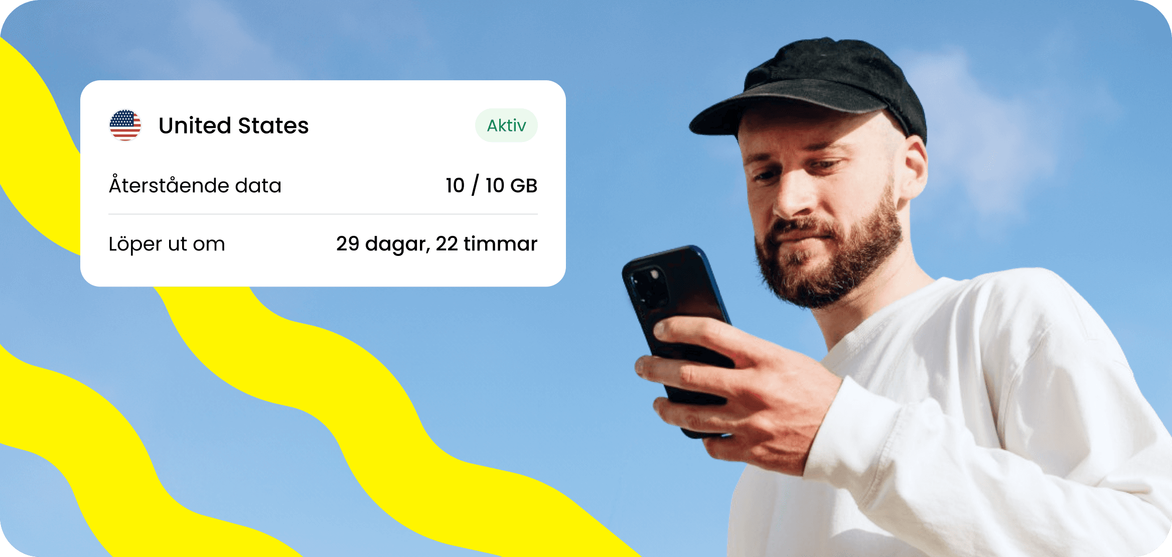 En man granskar sin Saily eSIM-plan för USA på sin telefon.
