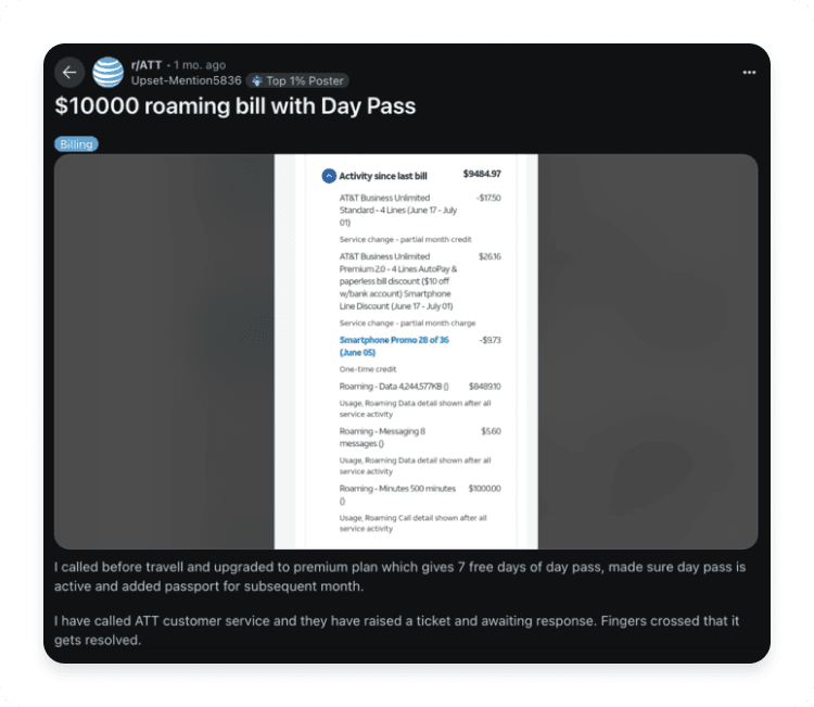 A screenshot of a Reddit user’s AT&T expensive roaming bill after a Thailand trip.