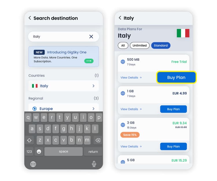 How to purchase a GigSky eSIM: Step 1