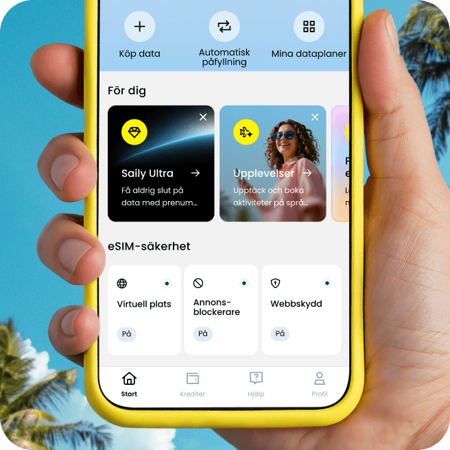 En hand håller en telefon med appen Saily öppen, som visar alternativ för att hantera eSIM-abonnemang, mobildata och säkerhetsfunktioner.