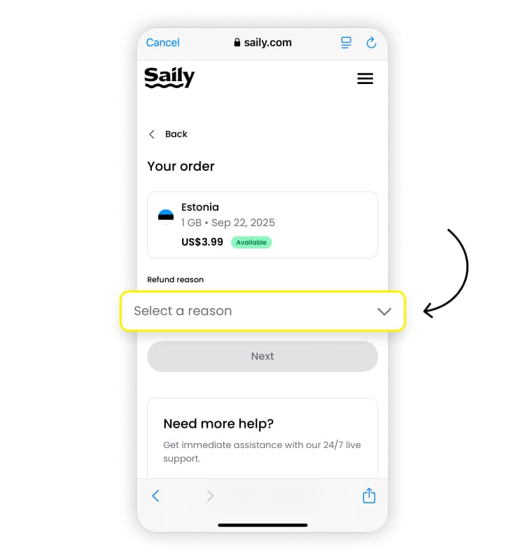Cómo solicitar un reembolso en Saily, paso 4