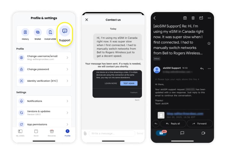 Three screenshots showing how to contact aloSIM’s customer support.