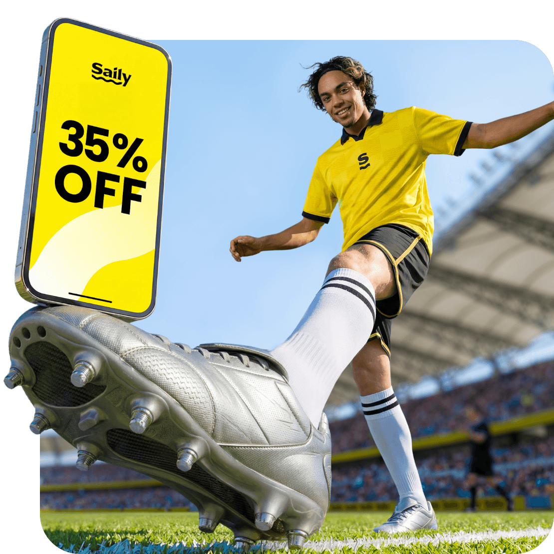 Soccer player balancing a smartphone on their foot displaying a Saily eSIM promotion in celebration of the World Cup™.