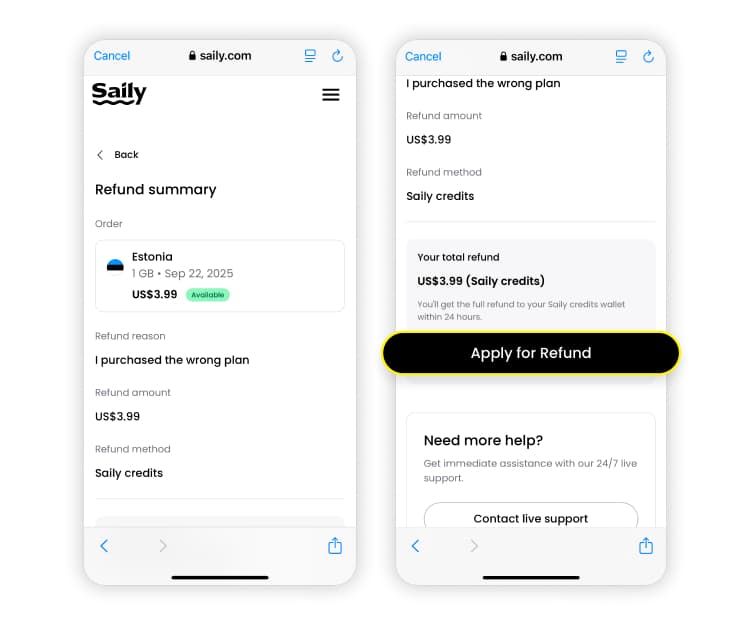Cómo solicitar un reembolso en Saily, paso 5