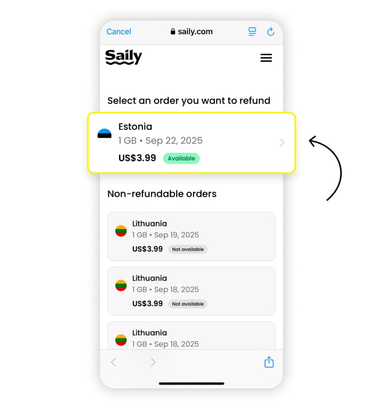 Cómo solicitar un reembolso en Saily, paso 3