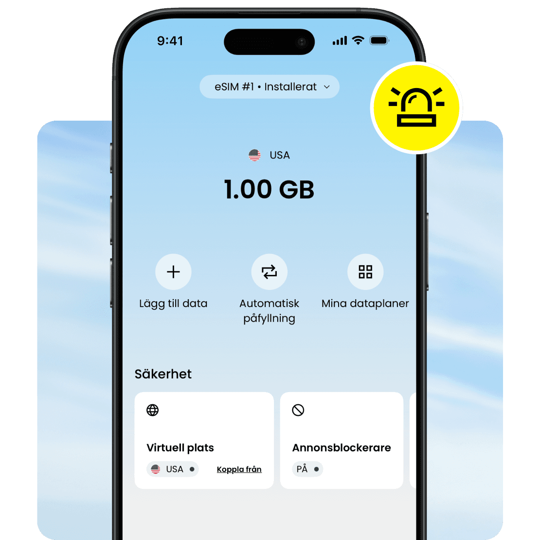 Saily-appens gränssnitt som visar en eSIM-dataplan på 1 GB för nödsituationer.