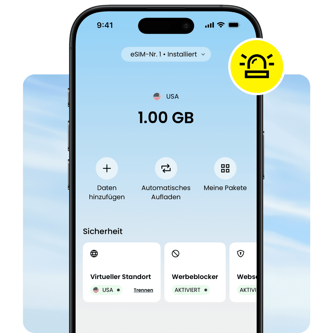 Benutzeroberfläche der Saily-App, die ein eSIM-Datenpaket mit 1 GB für den Notfallsupport anzeigt.
