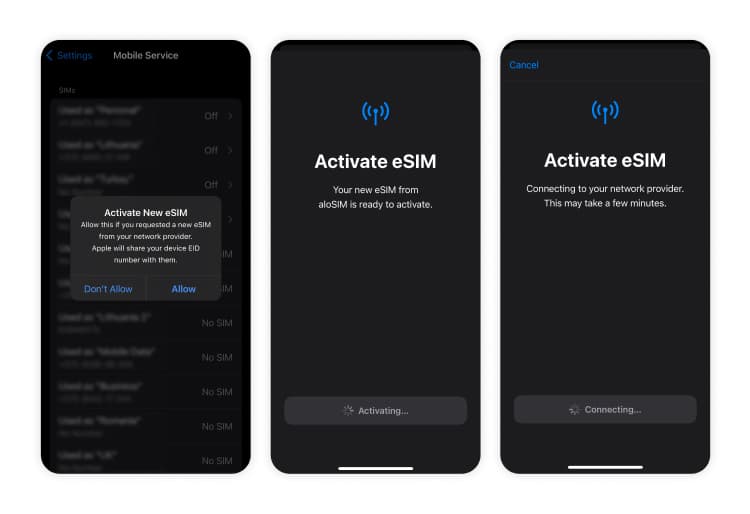 Three screenshots showing how to install an aloSIM eSIM on an iPhone.