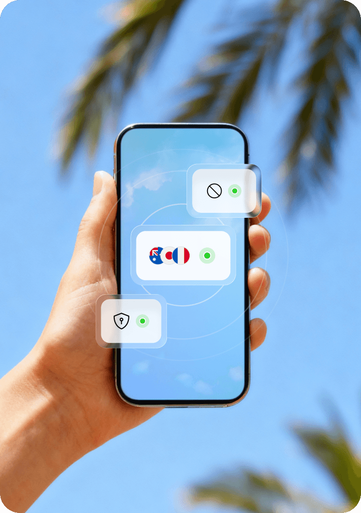 Ecrã de telemóvel a mostrar a cobertura global e as funcionalidades de segurança do Saily.