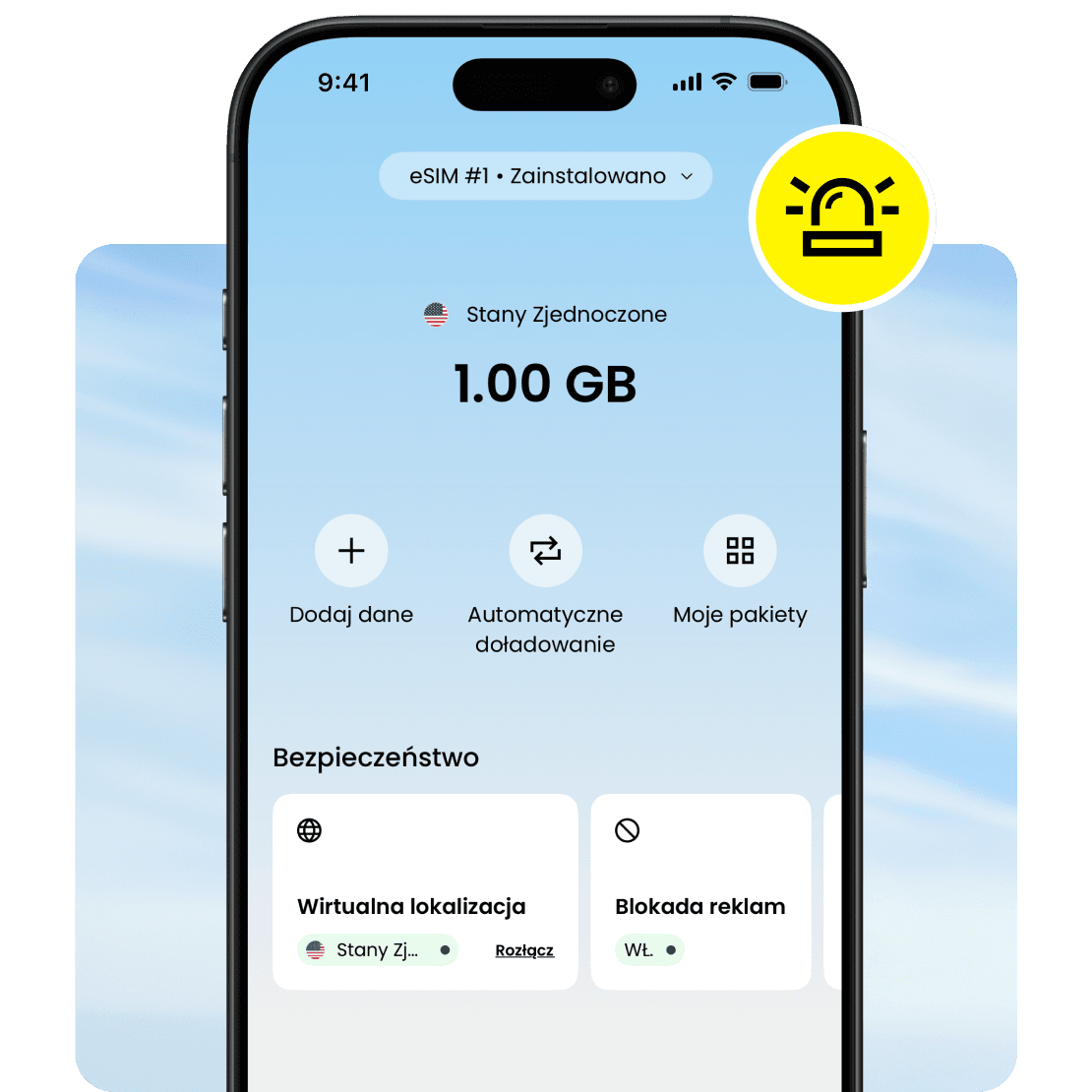 Interfejs aplikacji Saily przedstawiający pakiet danych eSIM o pojemności 1 GB przeznaczony do wsparcia w sytuacjach kryzysowych.