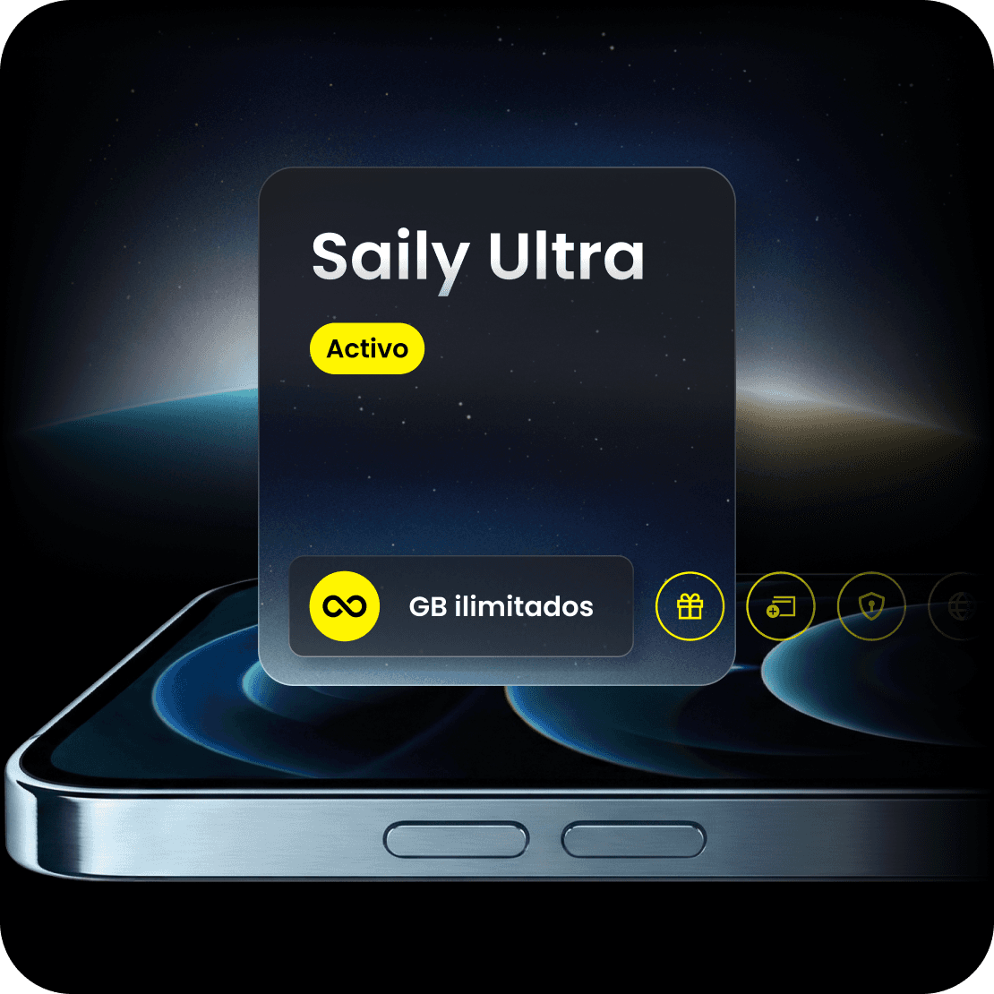 Plan Saily Ultra en la pantalla de un smartphone, ofreciendo datos ilimitados y otros beneficios.
