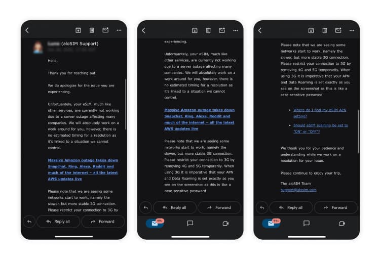 Three screenshots of emails from aloSIM’s customer support.
