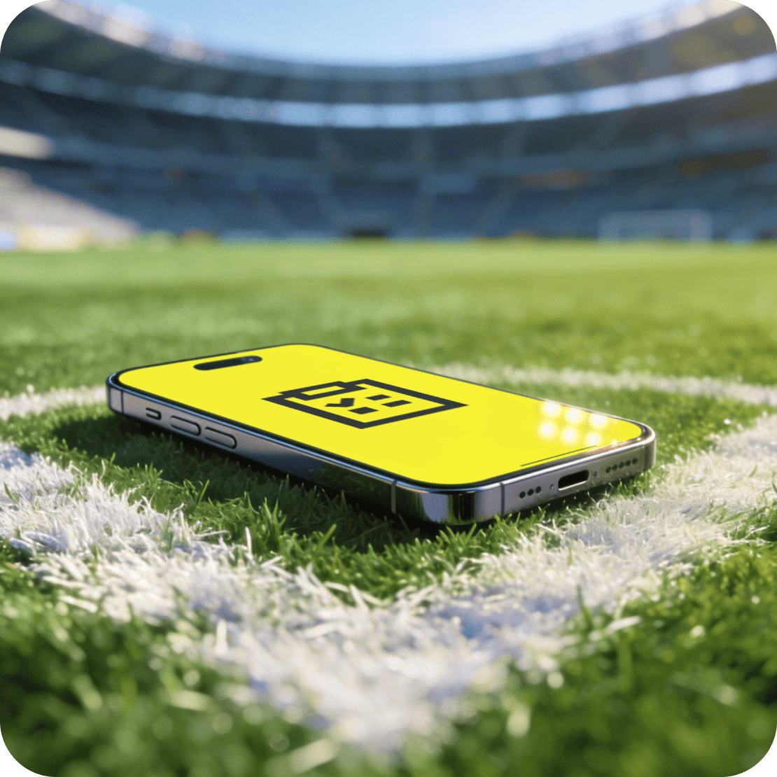 Smartphone s eSIM aplikací Saily ležící na čáře fotbalového hřiště na stadionu.