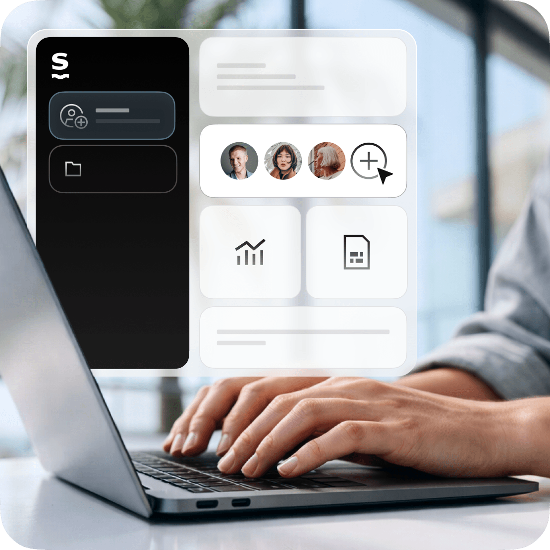 Business dashboard interface showing team management, analytics, and user profiles on a laptop
