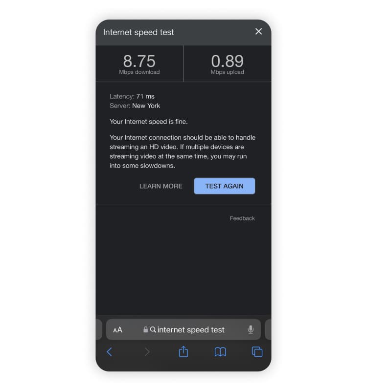 Internet speed test in Canada for aloSIM. 