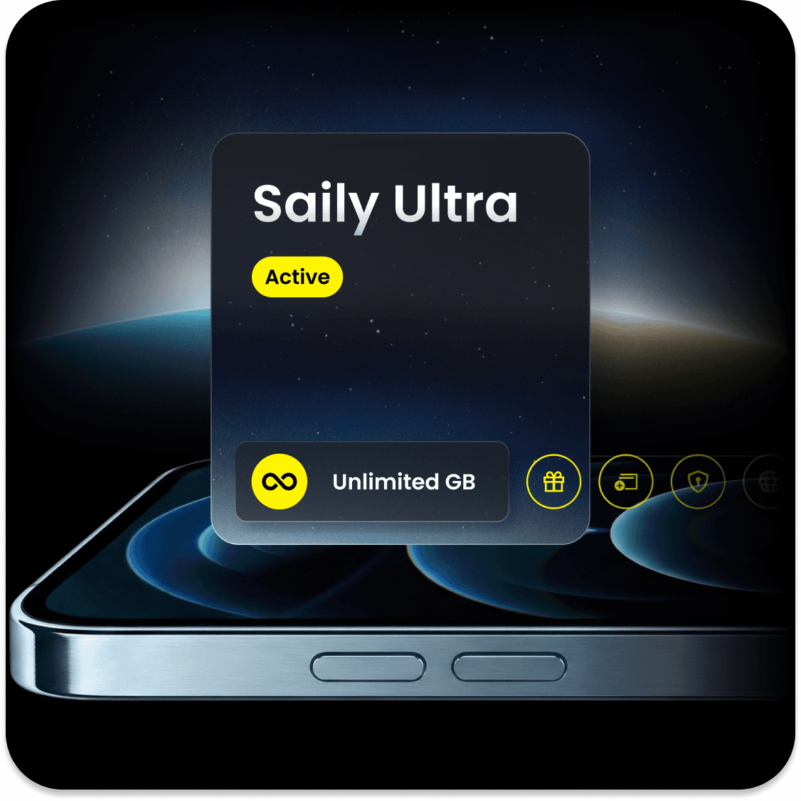 無制限モバイルデータ通信をはじめとする各種特典を提供する、スマートフォン画面上のSailyウルトラプラン。
