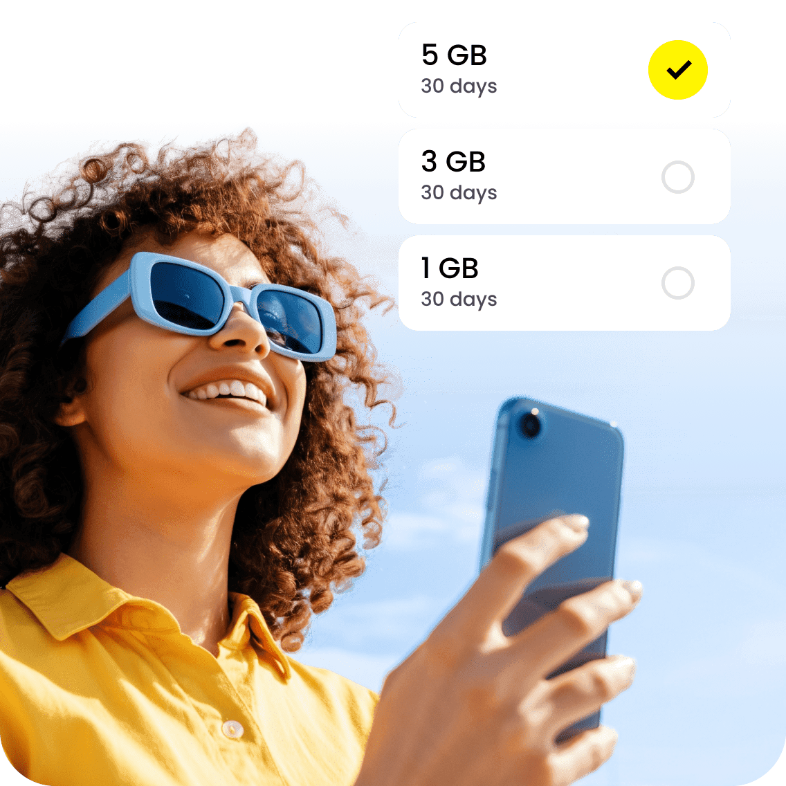 A woman selects an eSIM plan. 