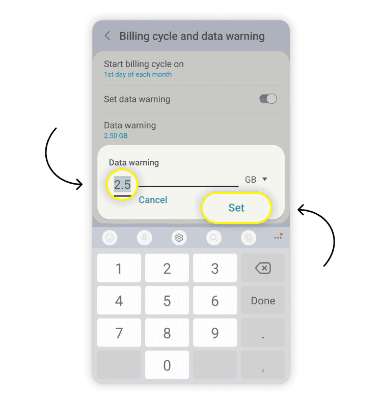 Set data warning on Android: step 5