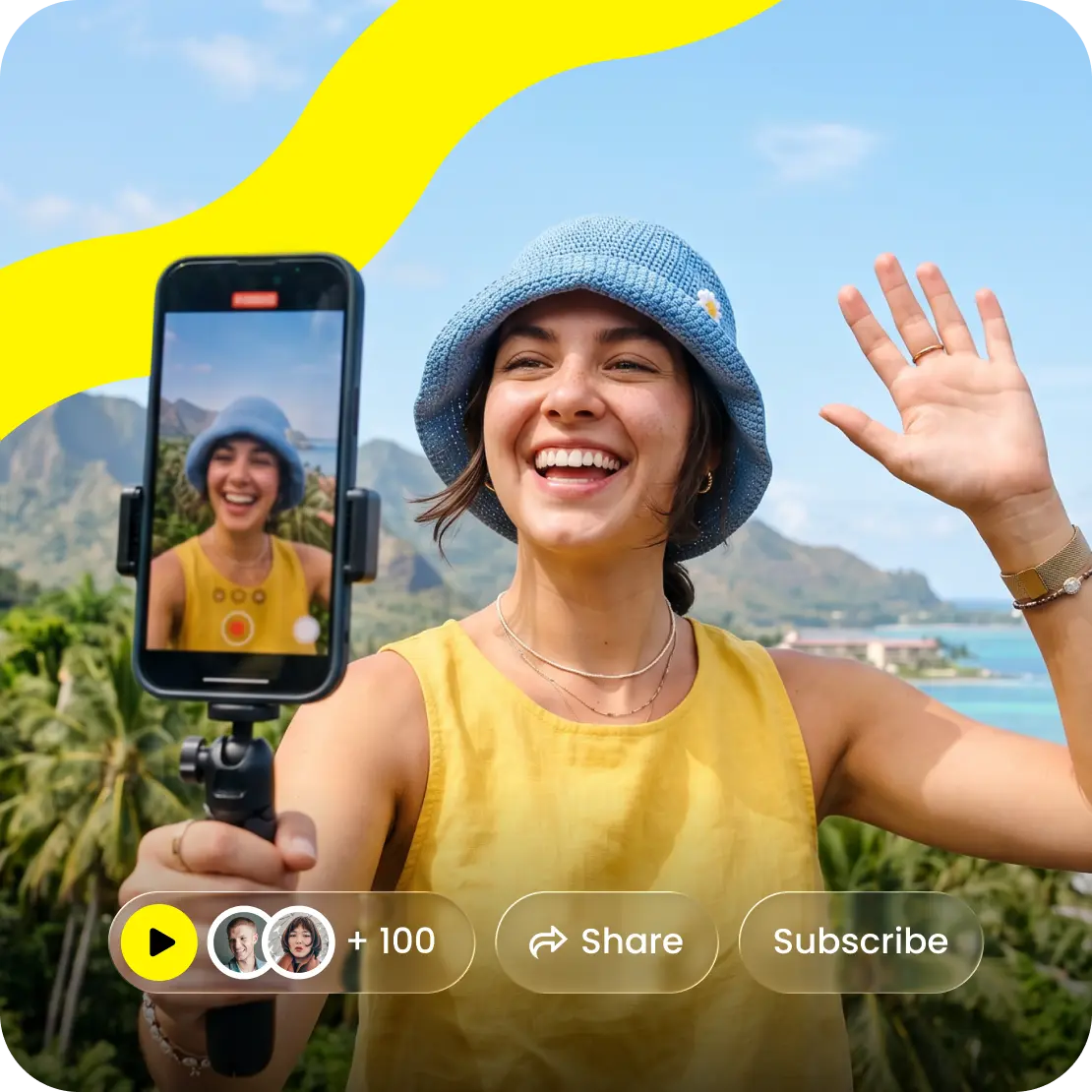 A woman in a bucket hat filming herself with a phone, with palm trees behind her and video UI overlays.
