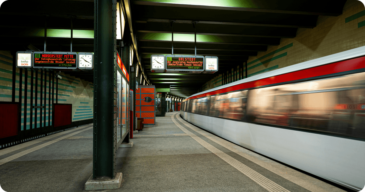 An U-Bahn departs from a subway station in Hamburg.