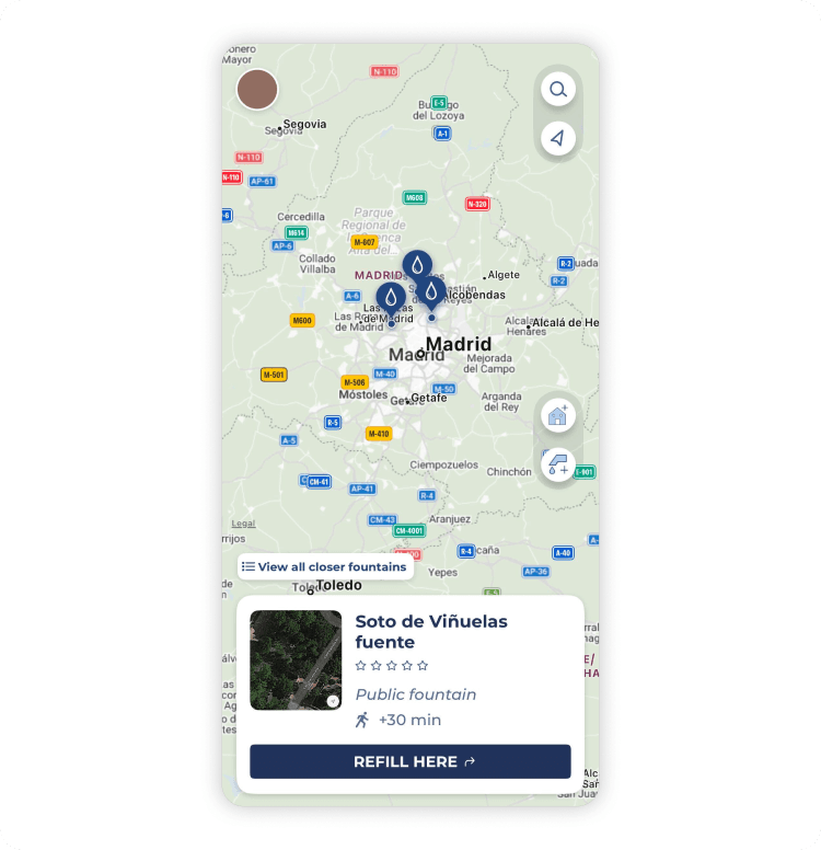 Closca Water app showing water refill points on a city map