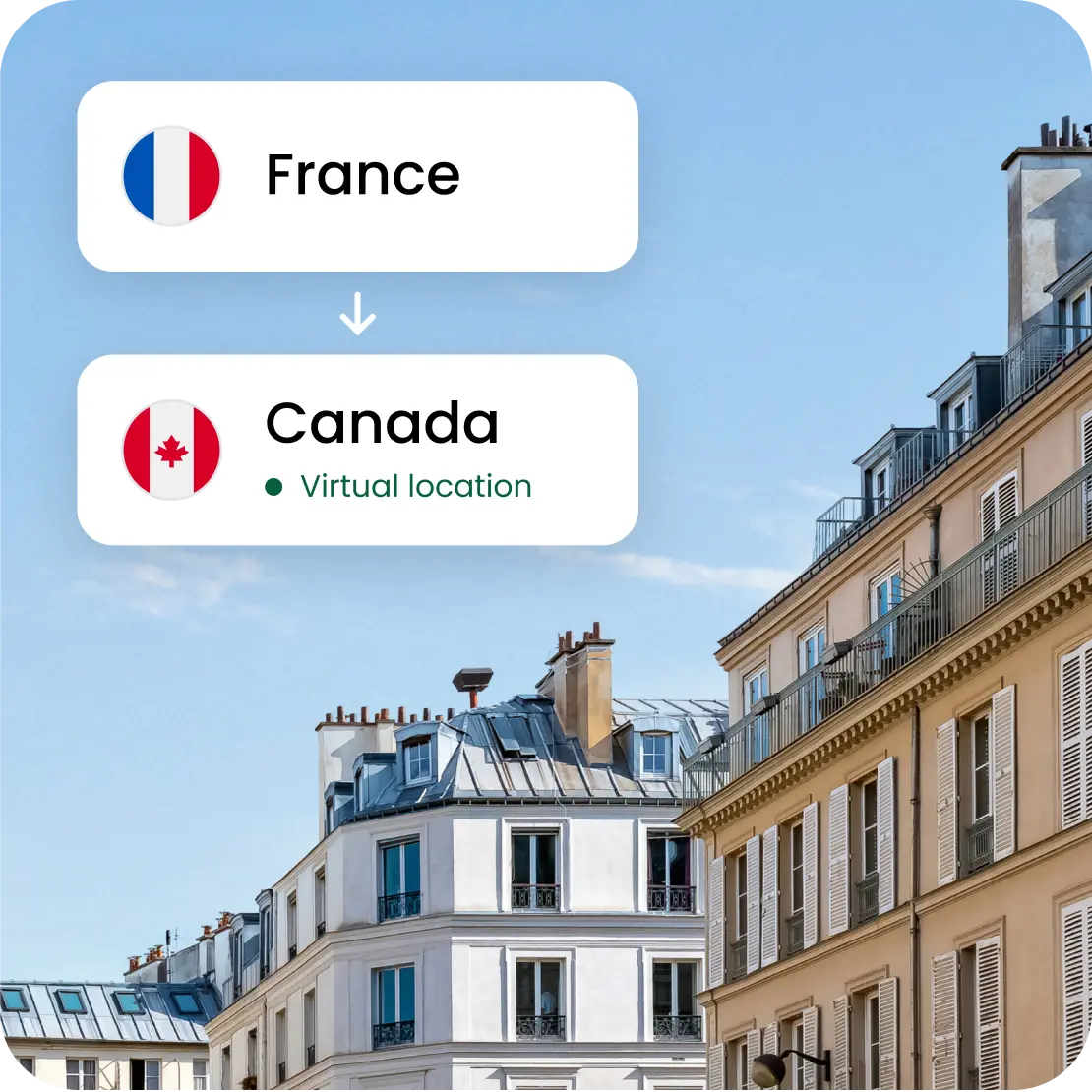 Saily’s virtual location feature making a connection in France appear to come from Canada.