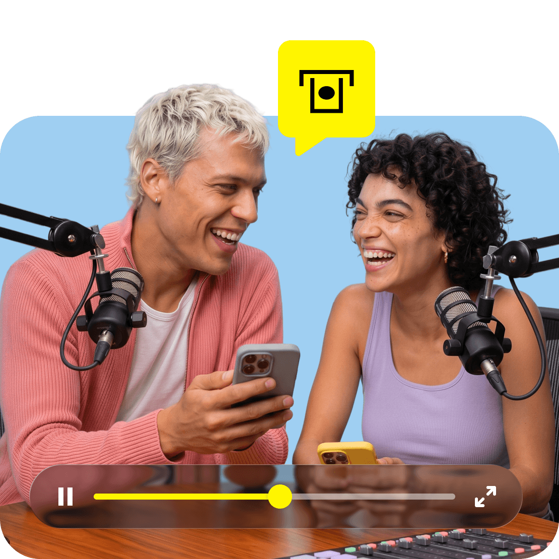 A man and woman holding their phones while sitting at podcast microphones, with an icon overlay.