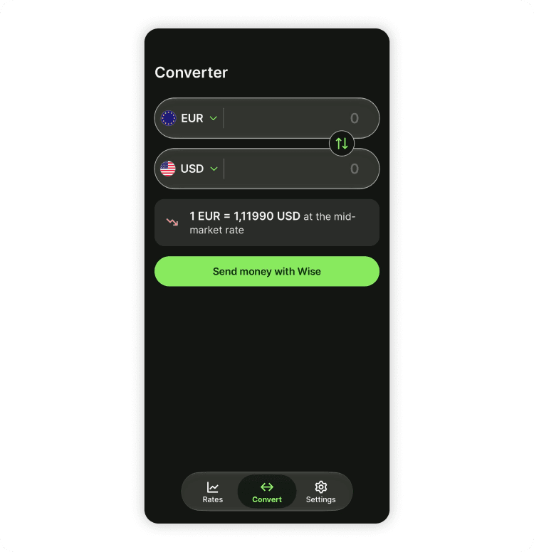 Wise Currency Converter app converting US dollars to euros
