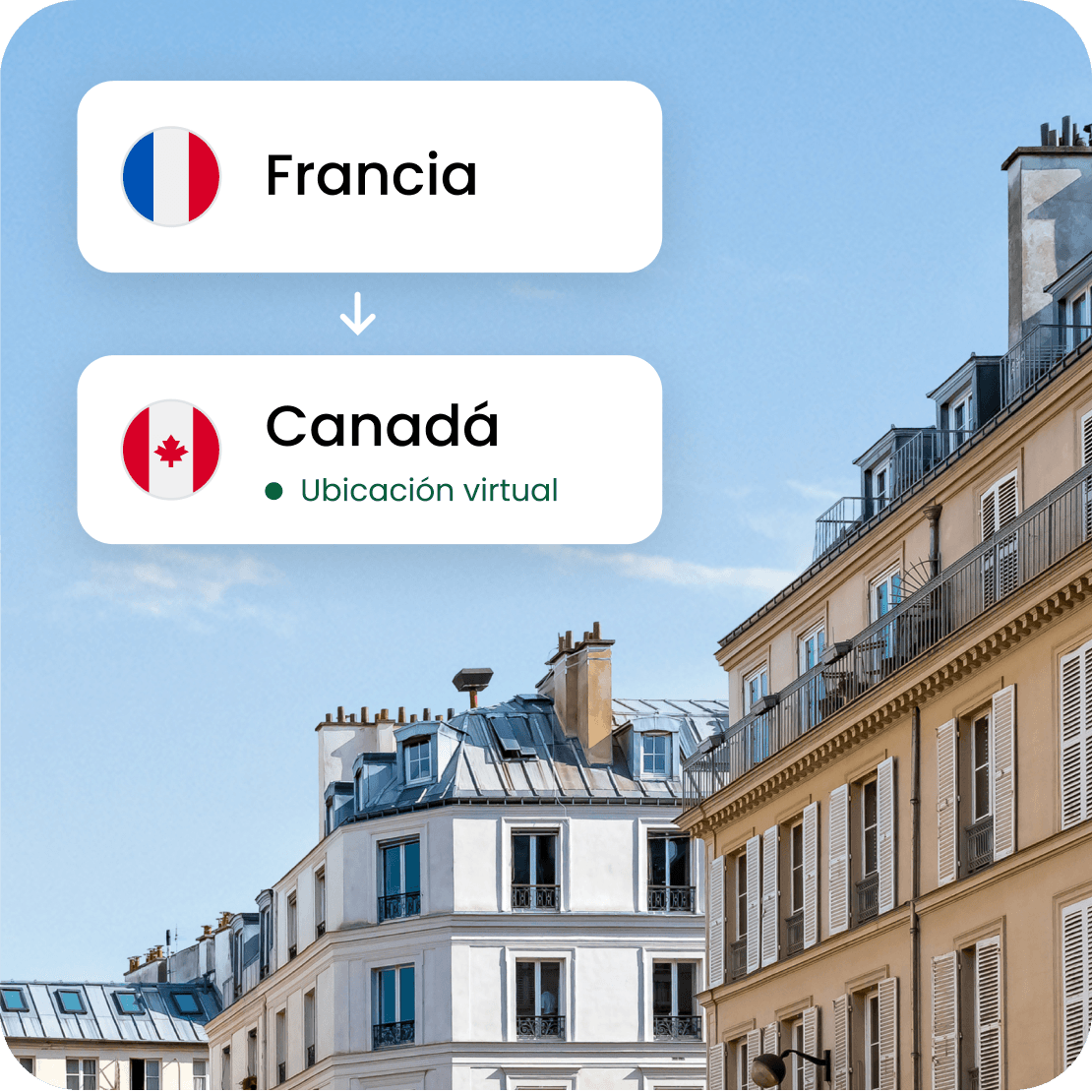 La función de ubicación virtual de Saily hace que una conexión en Francia parezca que viene de Canadá.