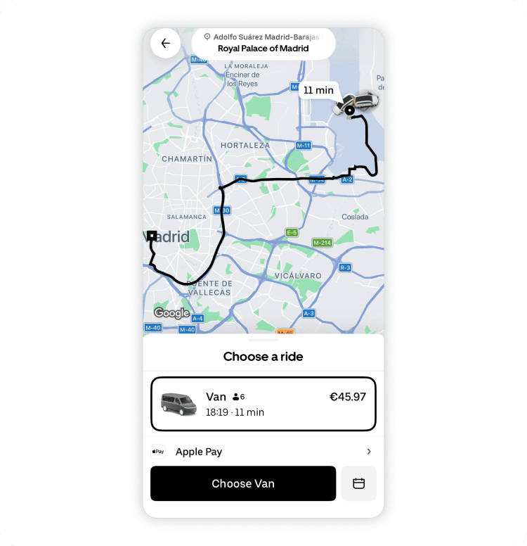 Ride-hailing app showing a car booking in a Spanish city