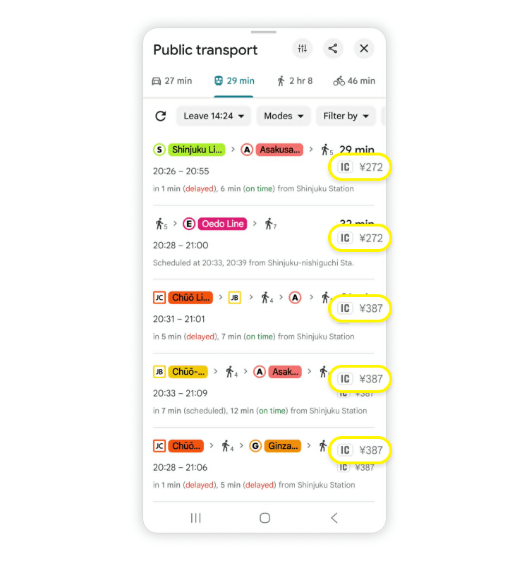 Screenshot of ways to get places by public transportation in Tokyo