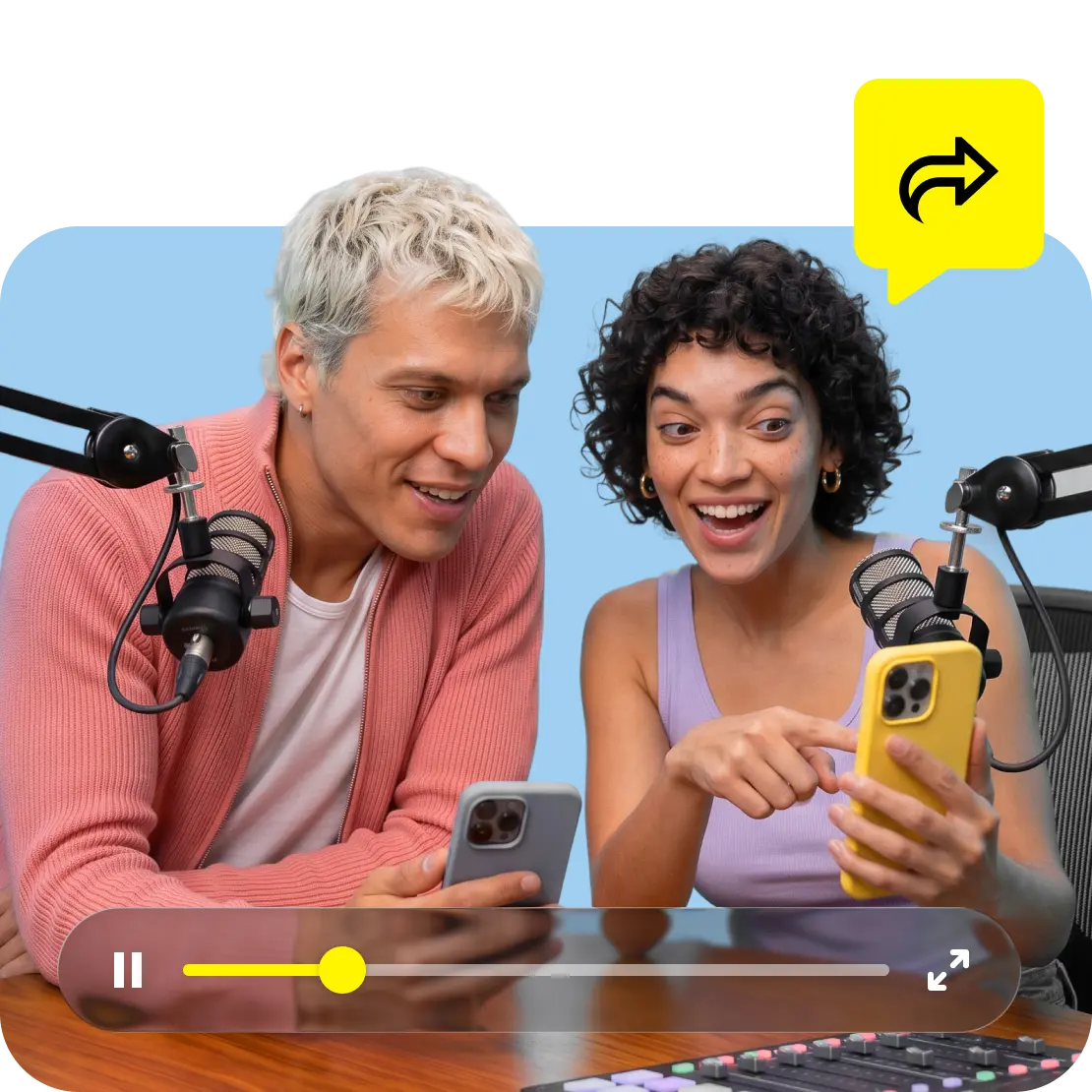A man and woman holding their phones while sitting at podcast microphones, with an icon overlay.