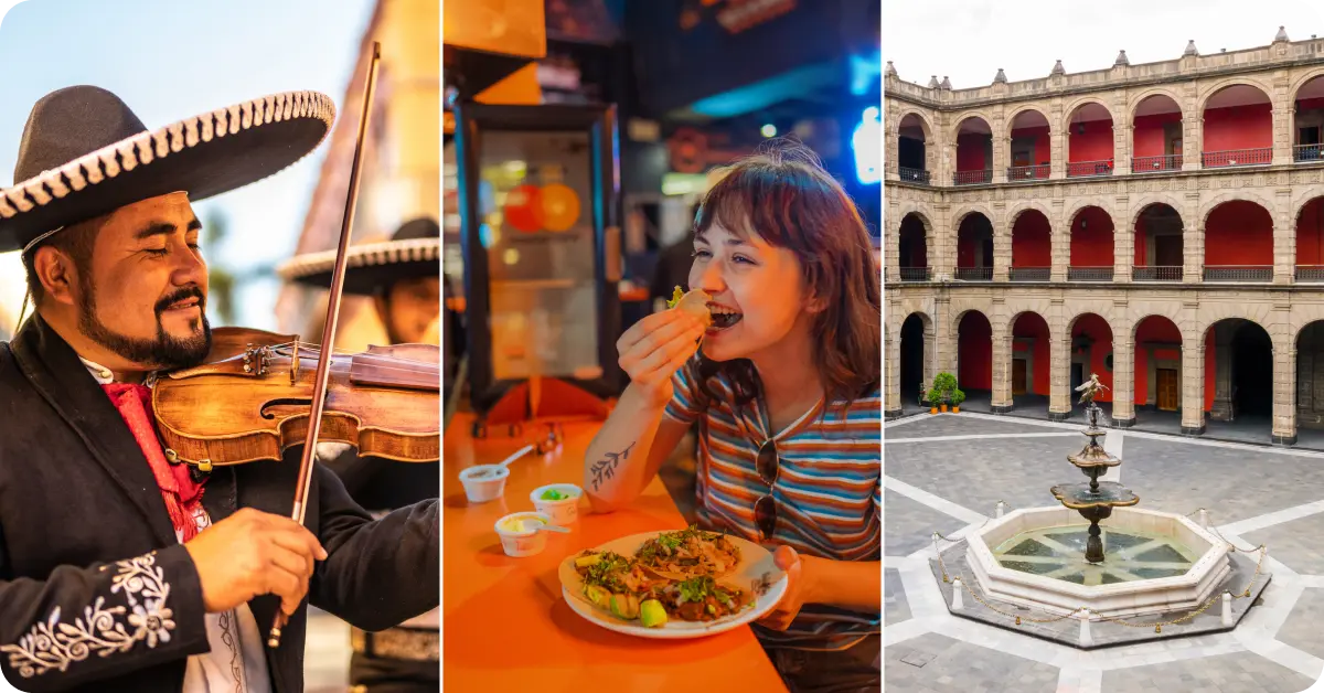 Collage of mariachi musicians, tacos al pastor, and a Diego Rivera mural.