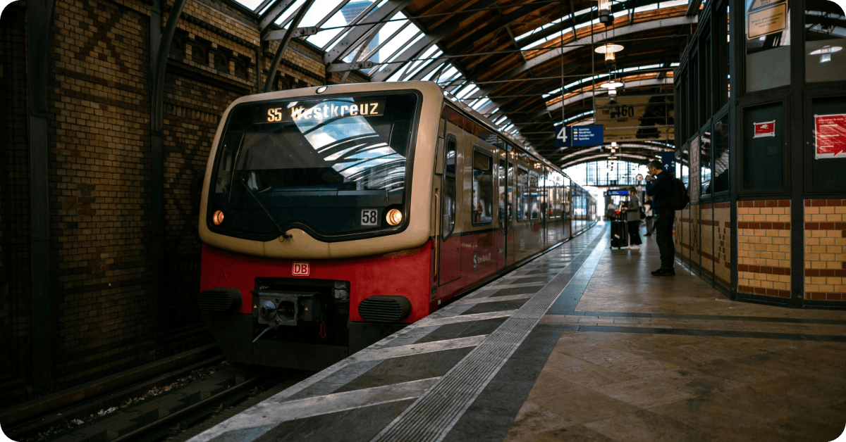 An S-Bahn train stops at a station in Berlin.