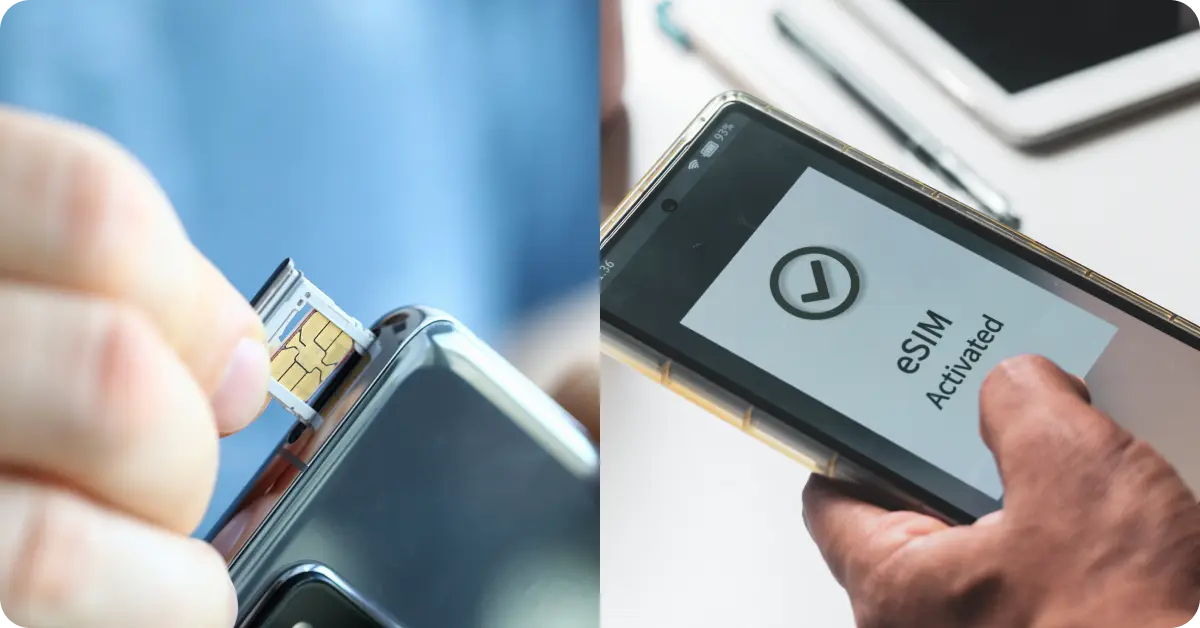 A split graphic showing a physical SIM card beside a phone with an eSIM activating in-app.