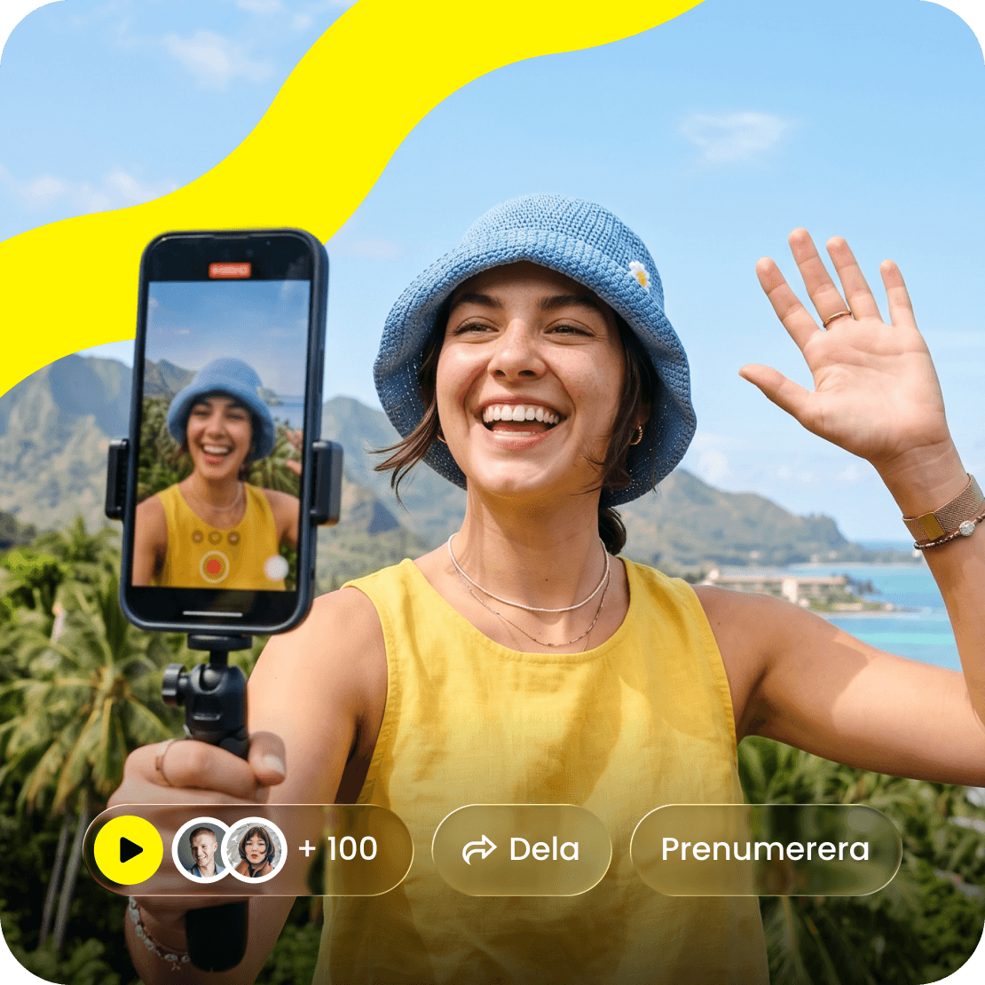 A woman in a bucket hat filming herself with a phone, with palm trees behind her and video UI overlays.