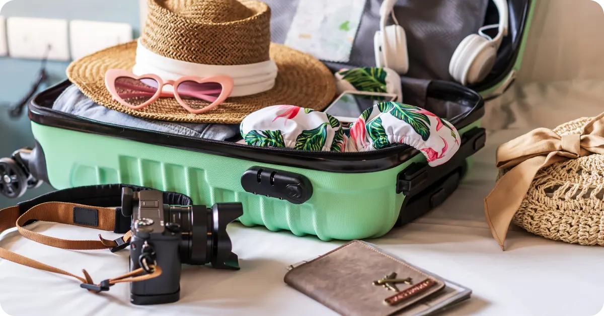 Luggage packed for a trip to France in summer