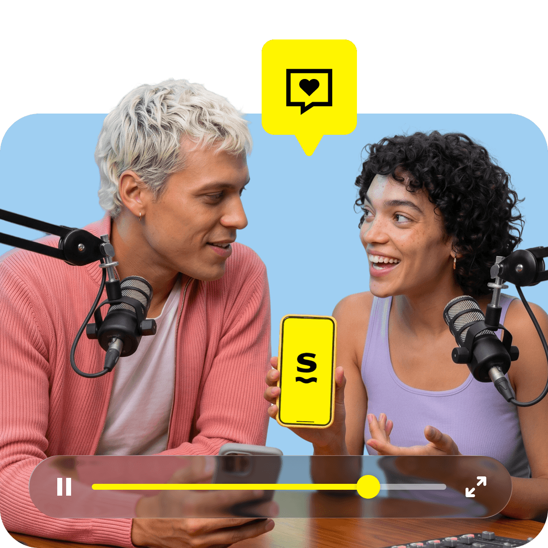 A man and woman holding their phones while sitting at podcast microphones, with an icon overlay.
