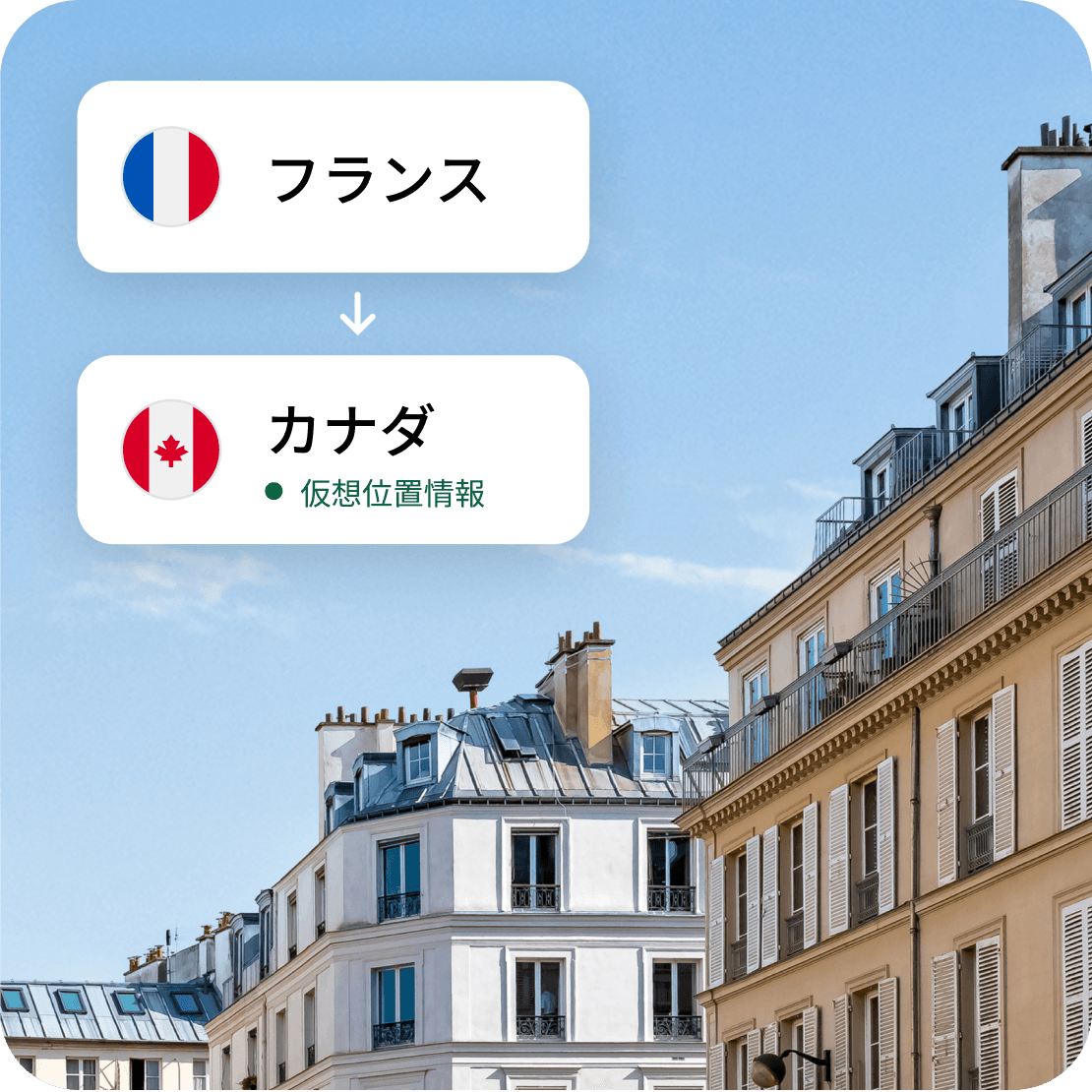 Sailyの「仮想位置情報」機能を利用すると、フランスから接続してもカナダから接続しているように表示することができます。