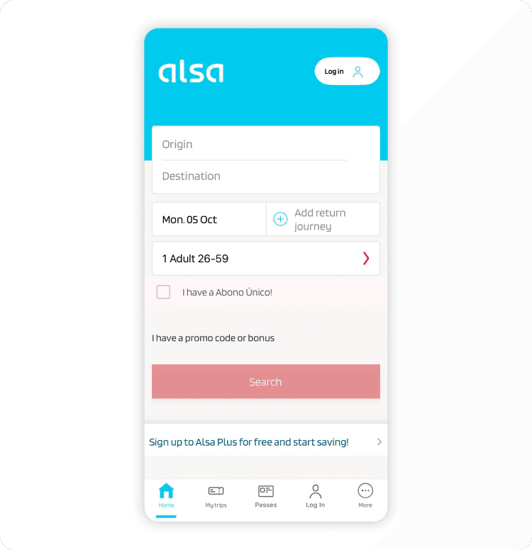 ALSA app showing an intercity bus ticket search in Spain