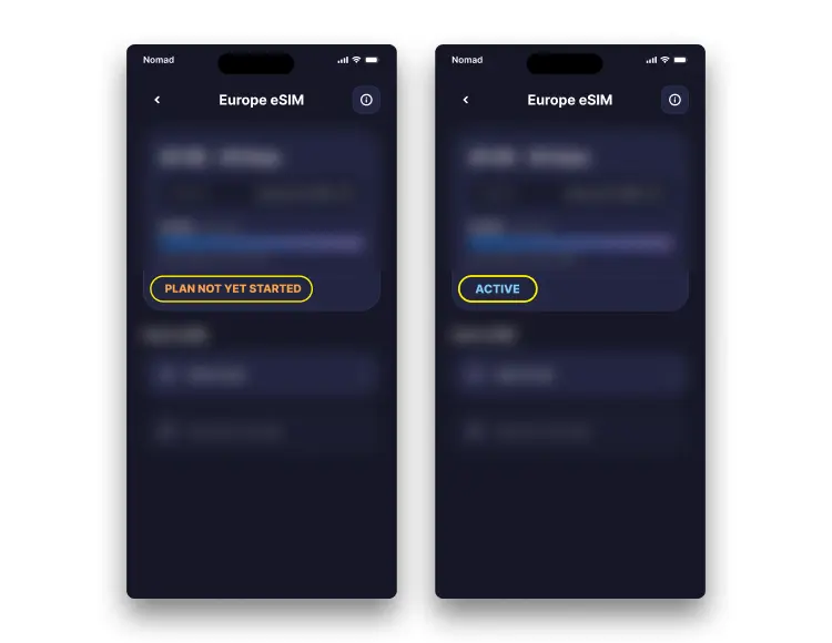 A screenshot of a Nomad eSIM status screen showing "Plan not yet started" vs. "Active".