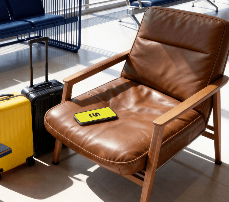 Um telemóvel ligado ao Saily, deixado sobre um sofá num lounge de aeroporto.