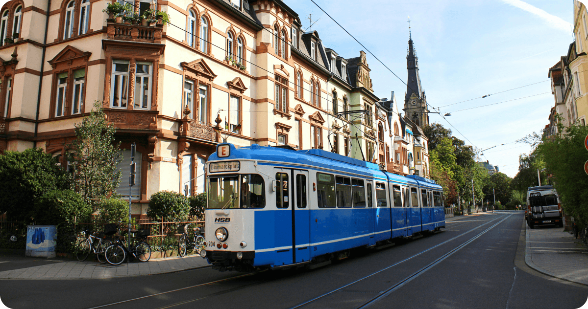 A Straßenbahn on the tram rail line in Heidelberg.