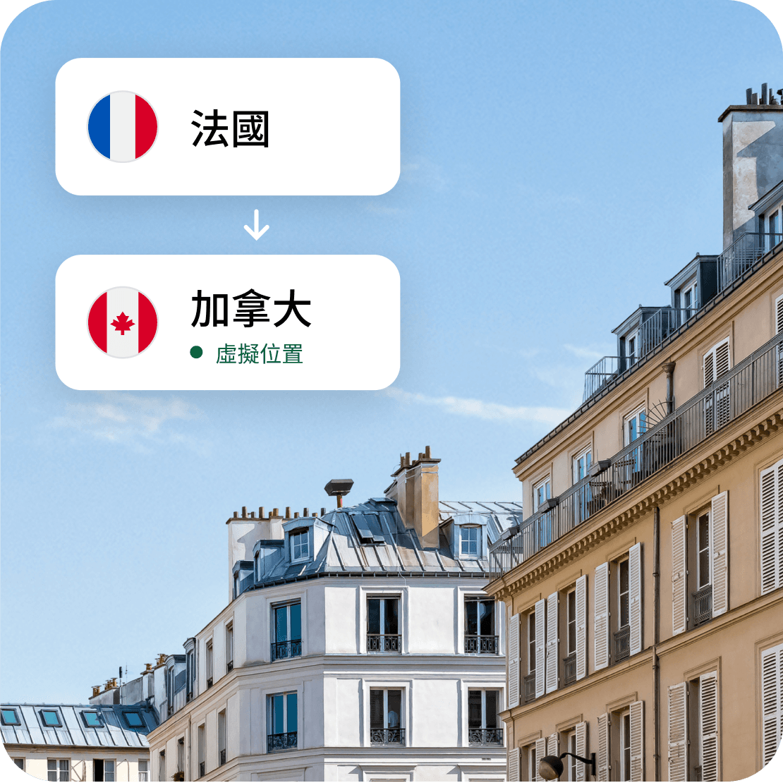 Saily 的虛擬位置功能可將法國連線顯示為來自加拿大。