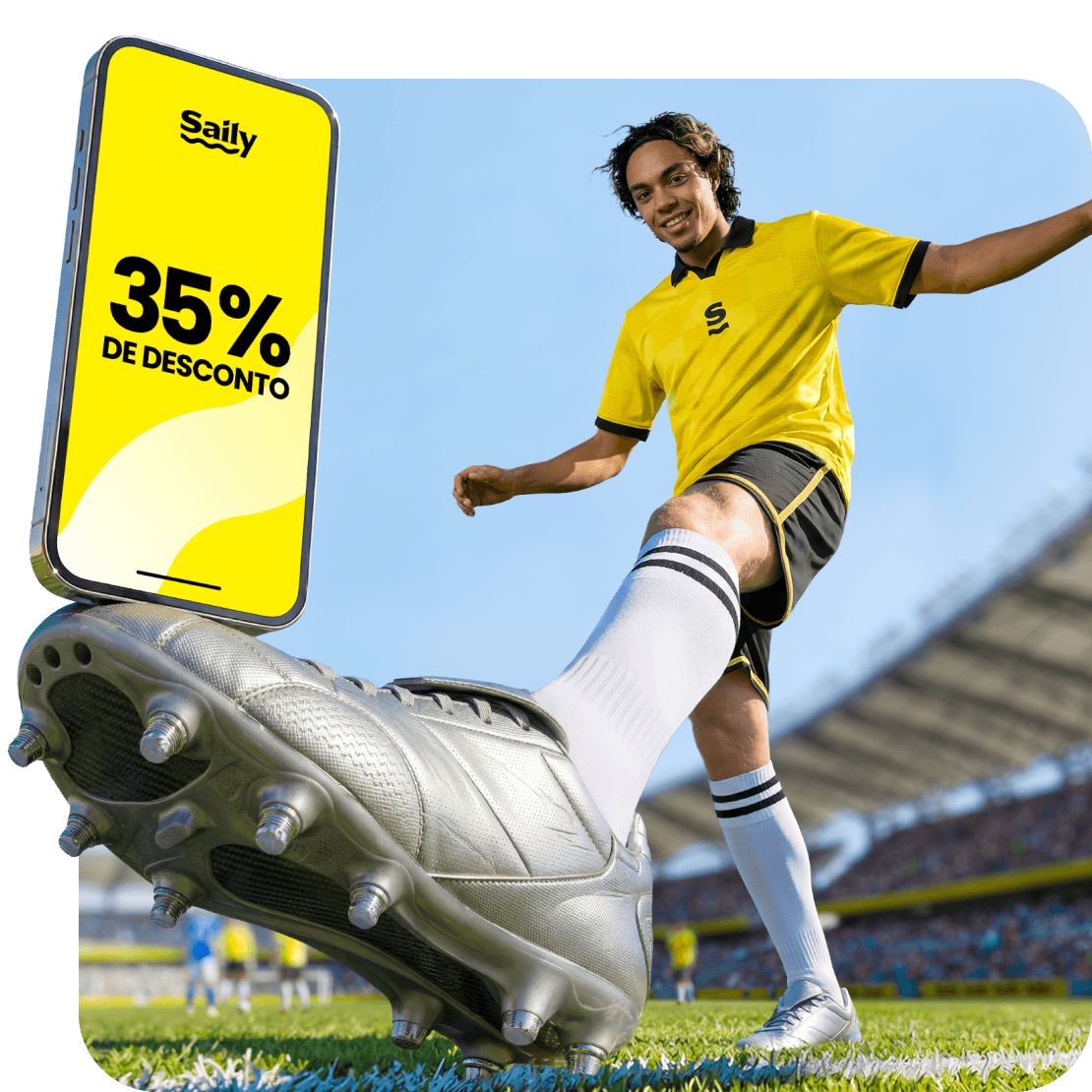 Futebolista a equilibrar um smartphone no pé, com uma promoção de eSIM do Saily visível, em celebração do Campeonato do Mundo™.