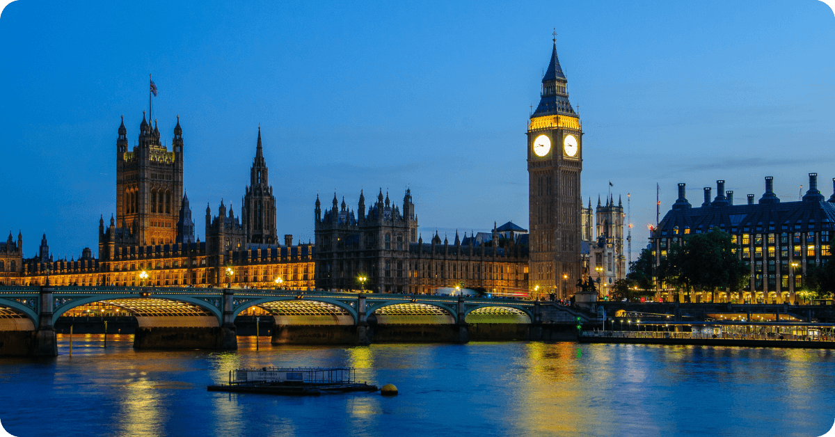 El Big Ben y el London Eye al atardecer.