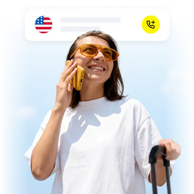 Ein Reisender mit einem Koffer, der Saily auf seinem Handy verwendet.
